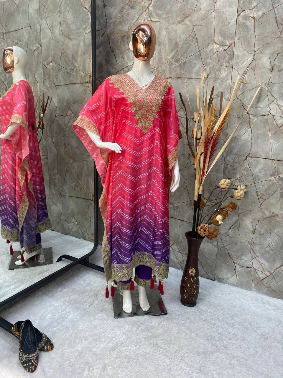 Bandhani Print With Sequence Embroidery Work Kaftan