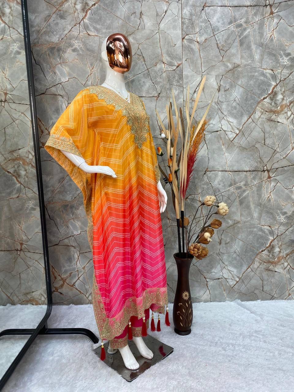 Bandhani Print With Sequence Embroidery Work Kaftan