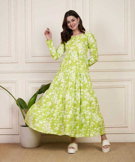 Elegant Radium Green Cotton Flared Gown