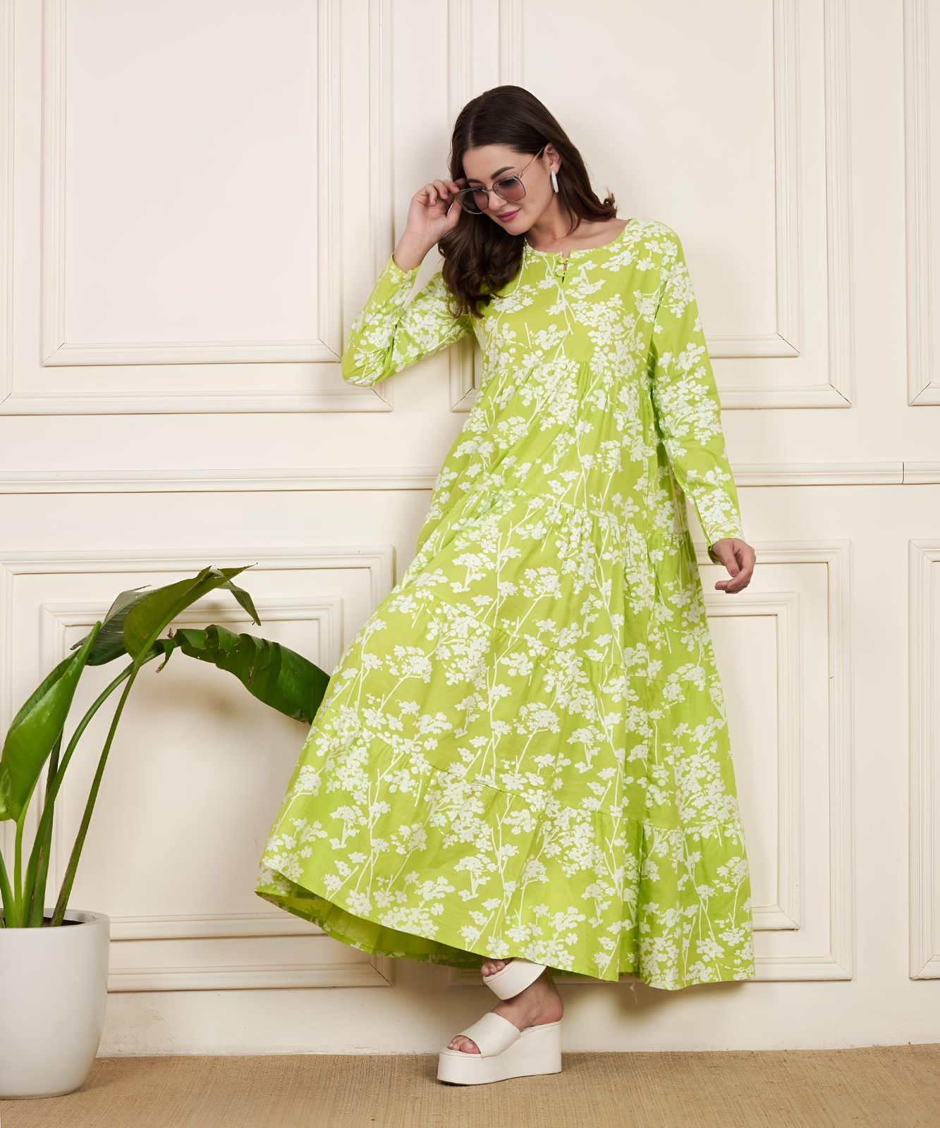 Elegant Radium Green Cotton Flared Gown