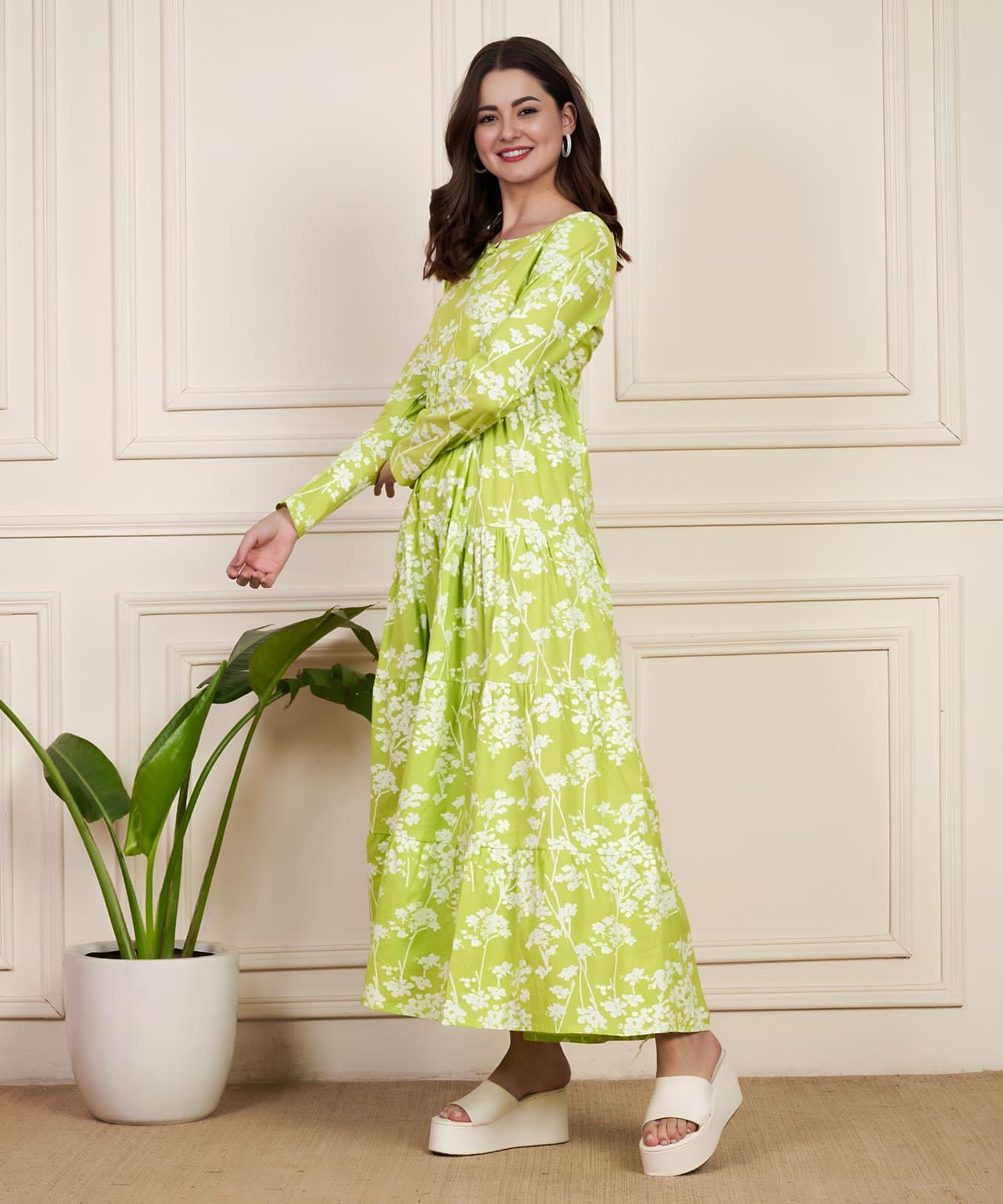 Elegant Radium Green Cotton Flared Gown