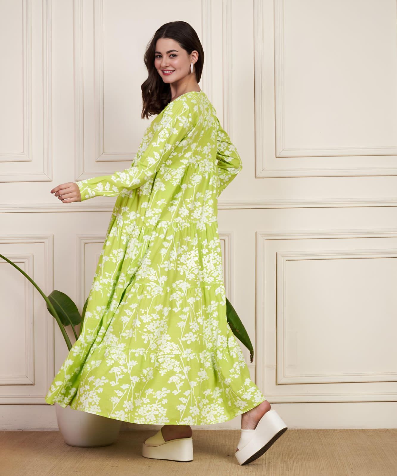 Elegant Radium Green Cotton Flared Gown