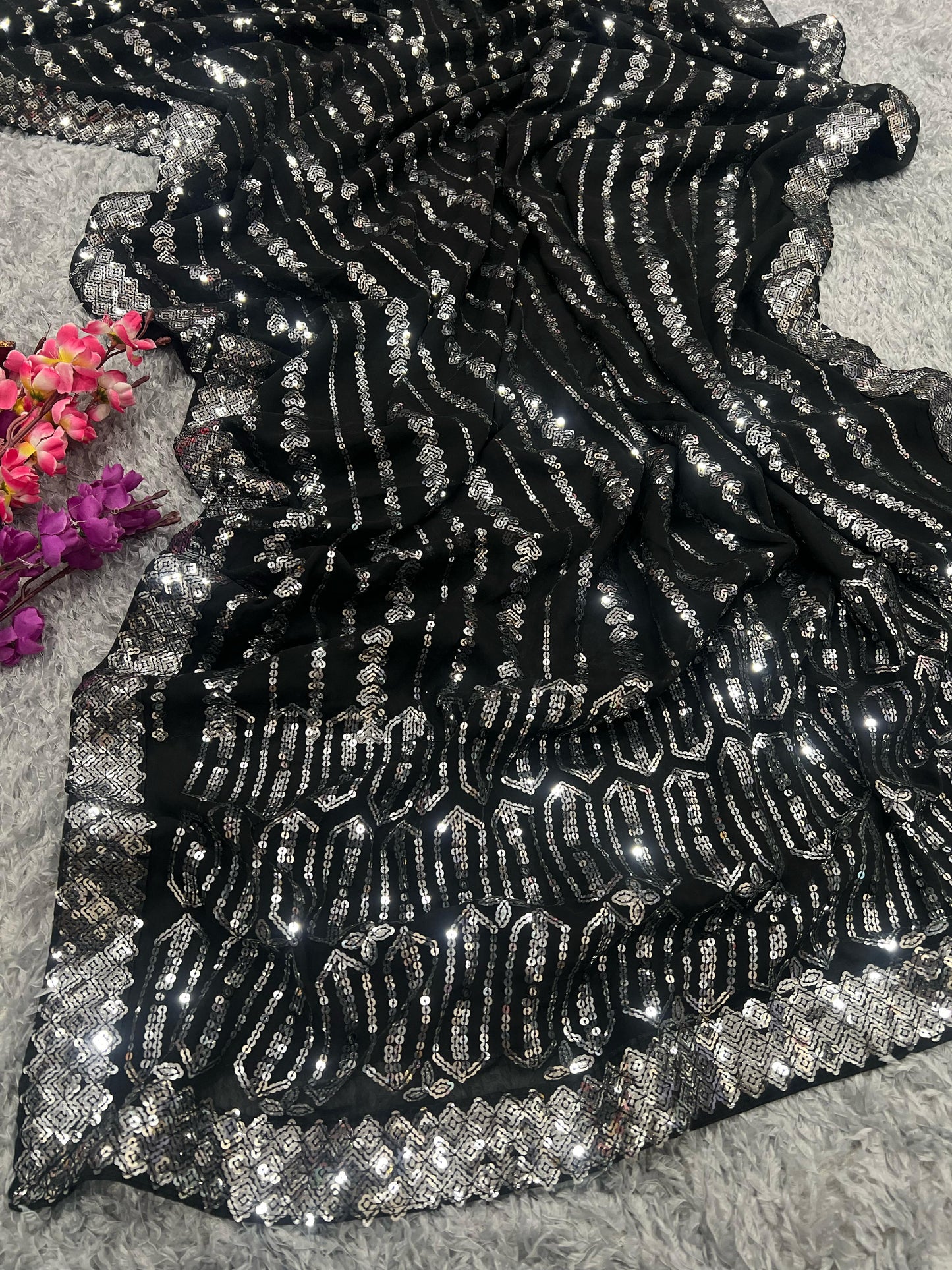 Soft Georgette Fabric Embroidery Sequence Saree