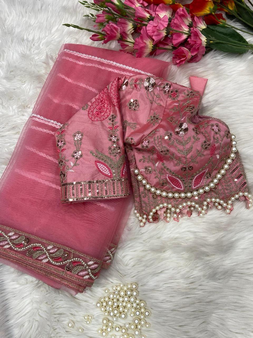Sequence Dori Embroidery Net Embellished Heavy Diamond Work Lace Border Saree
