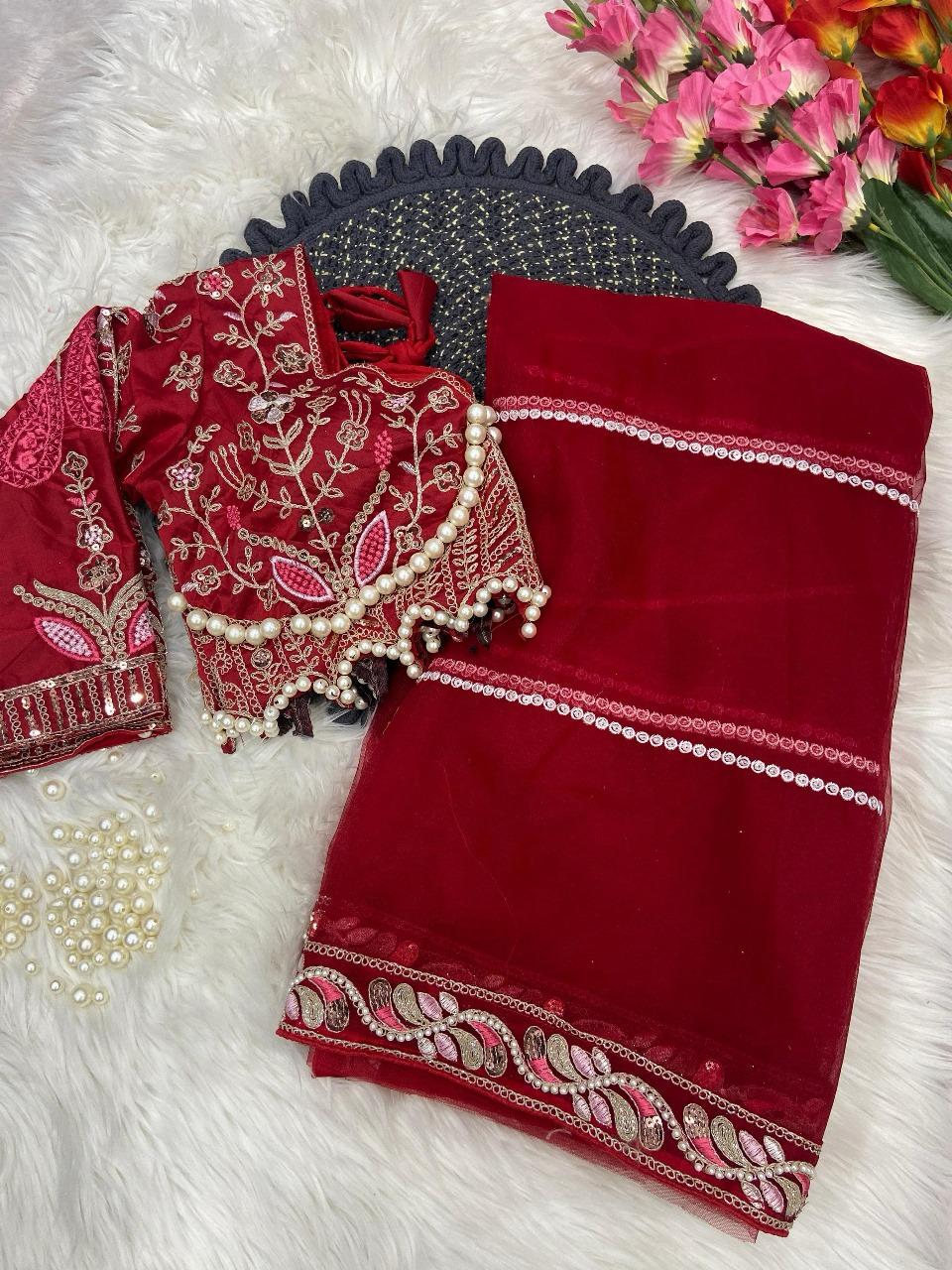 Sequence Dori Embroidery Net Embellished Heavy Diamond Work Lace Border Saree