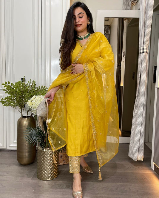 Yellow Roman Silk Embroidery Sequence Salwar Suit
