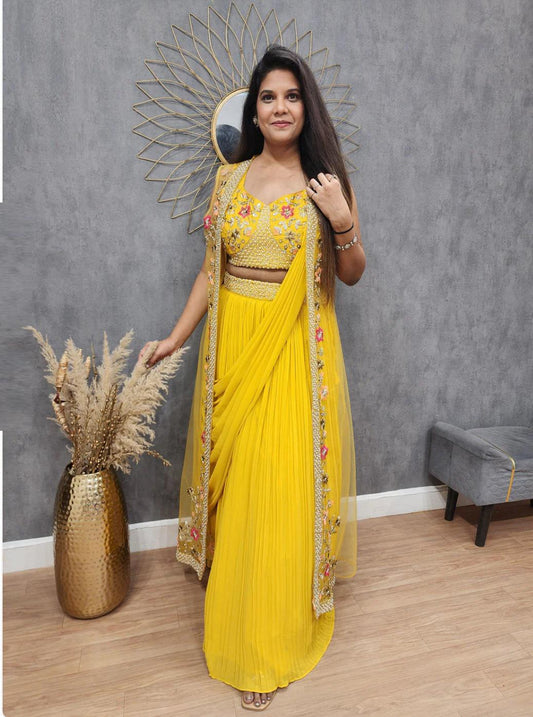 Georgette With Embroidery Western Style Ready To Wear Saree With Jacket