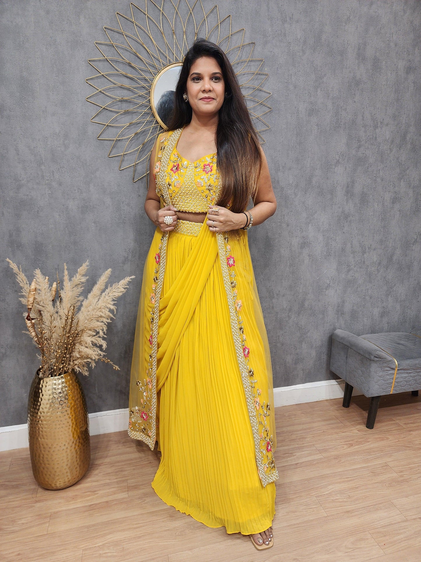 Georgette With Embroidery Western Style Ready To Wear Saree With Jacket