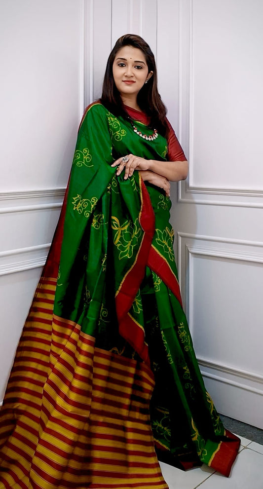 Green Muslin Saree With A Red Border & Stripes Khandua Silk Saree