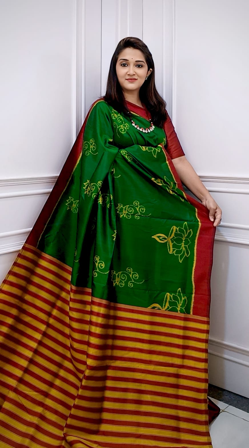 Green Muslin Saree With A Red Border & Stripes Khandua Silk Saree