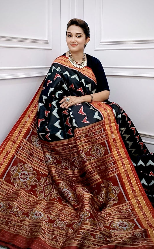 Black Body With Red Border Triangle Design Khandua Silk Saree