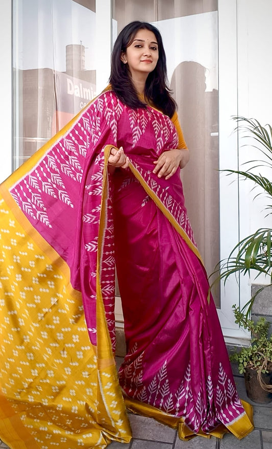 Rani Pink Body With Yellow Body Tree Design Khandua Silk Saree