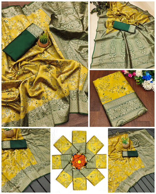 Designer Weaving Jacquard Banarasi Lichi Silk Saree With Contrast Jacqard Border Blouse