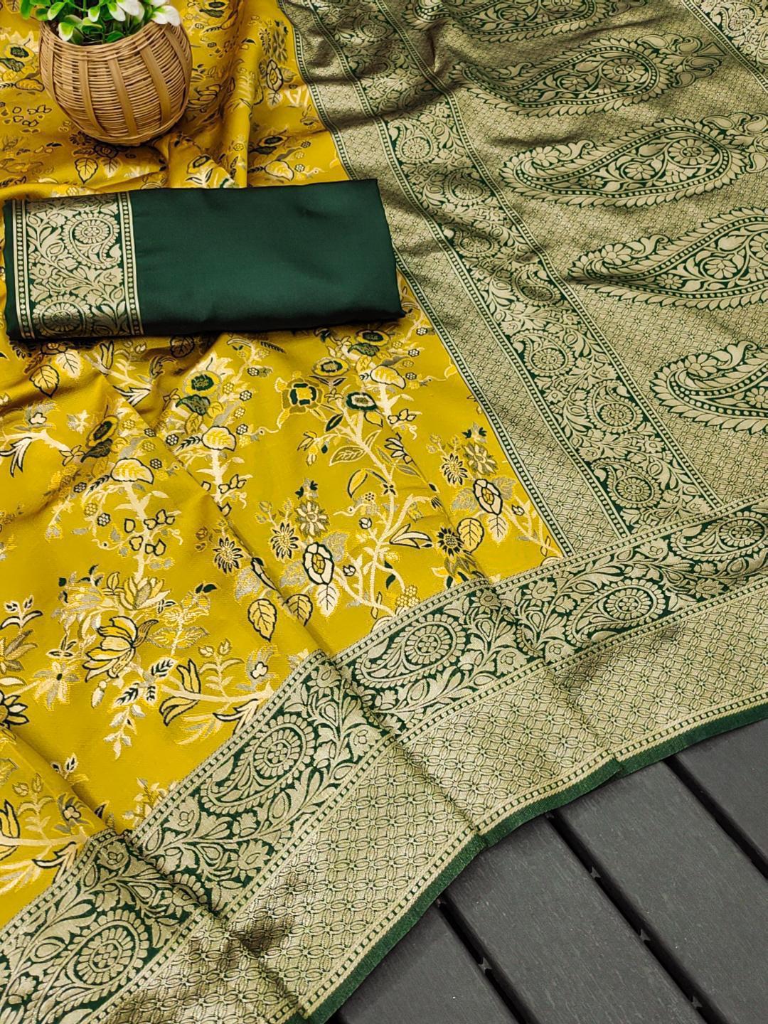 Designer Weaving Jacquard Banarasi Lichi Silk Saree With Contrast Jacqard Border Blouse