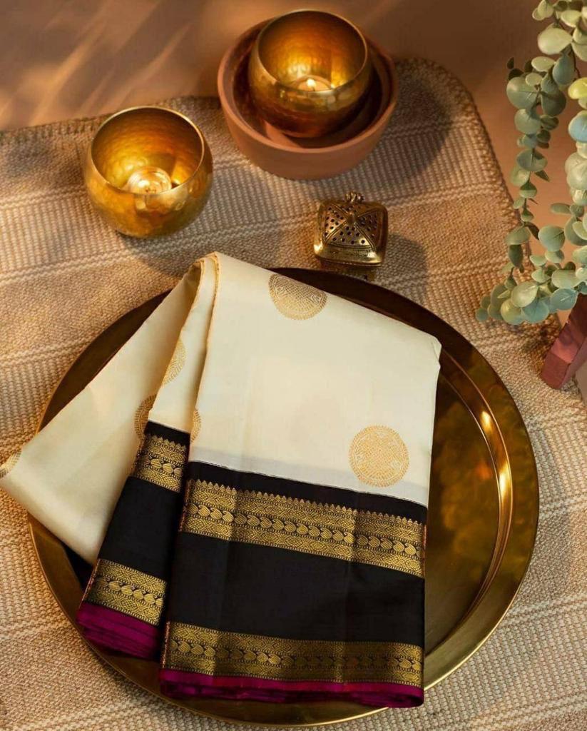 Black & White Jacquard Soft Lichi Silk Saree