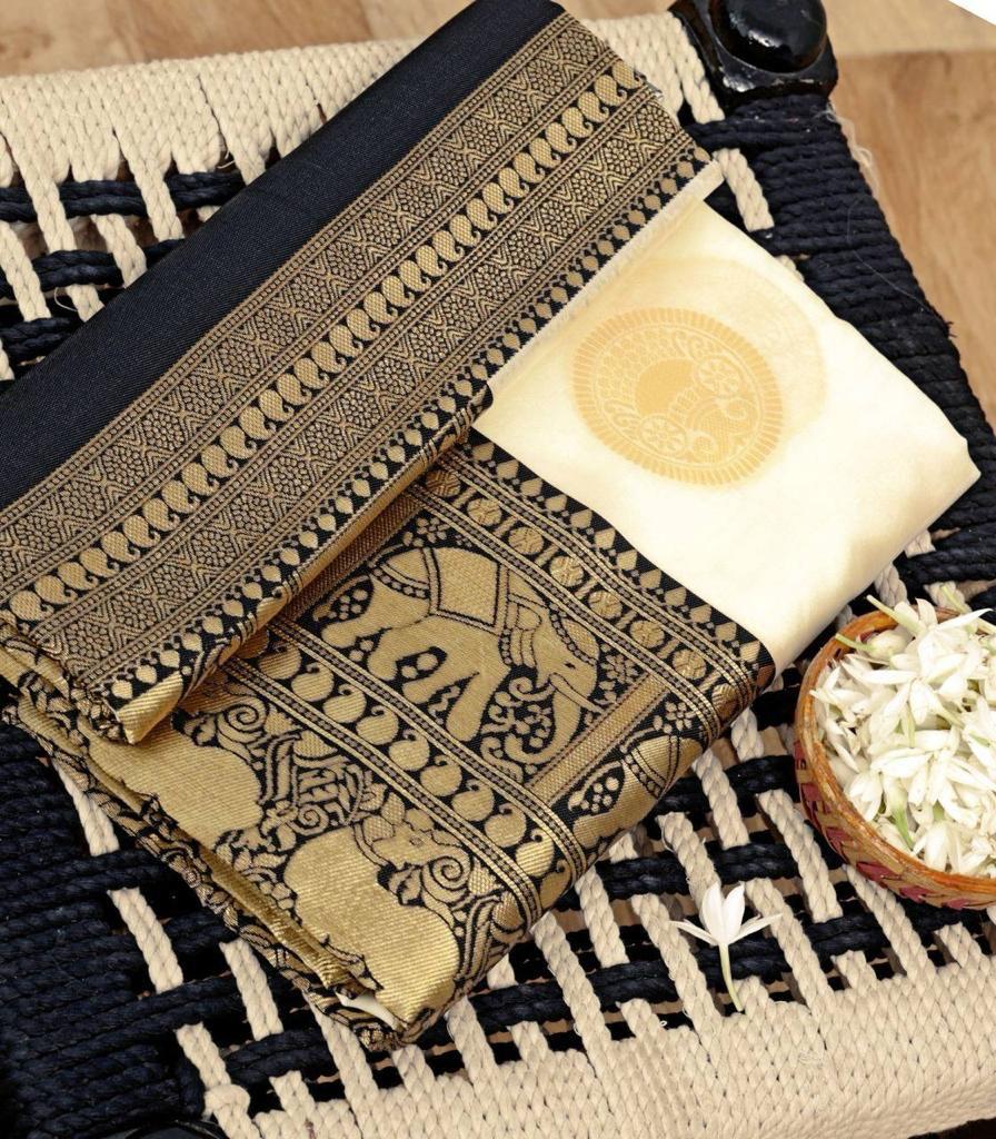 Black & White Jacquard Soft Lichi Silk Saree