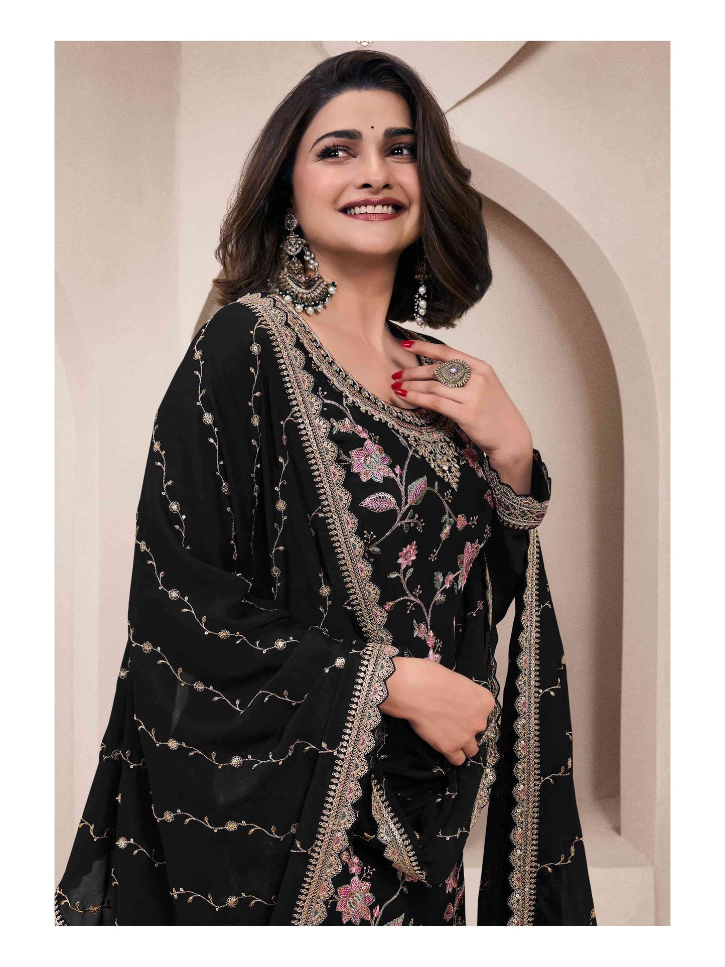 Heavy Chinon Suit With Sequence Embroidered Work