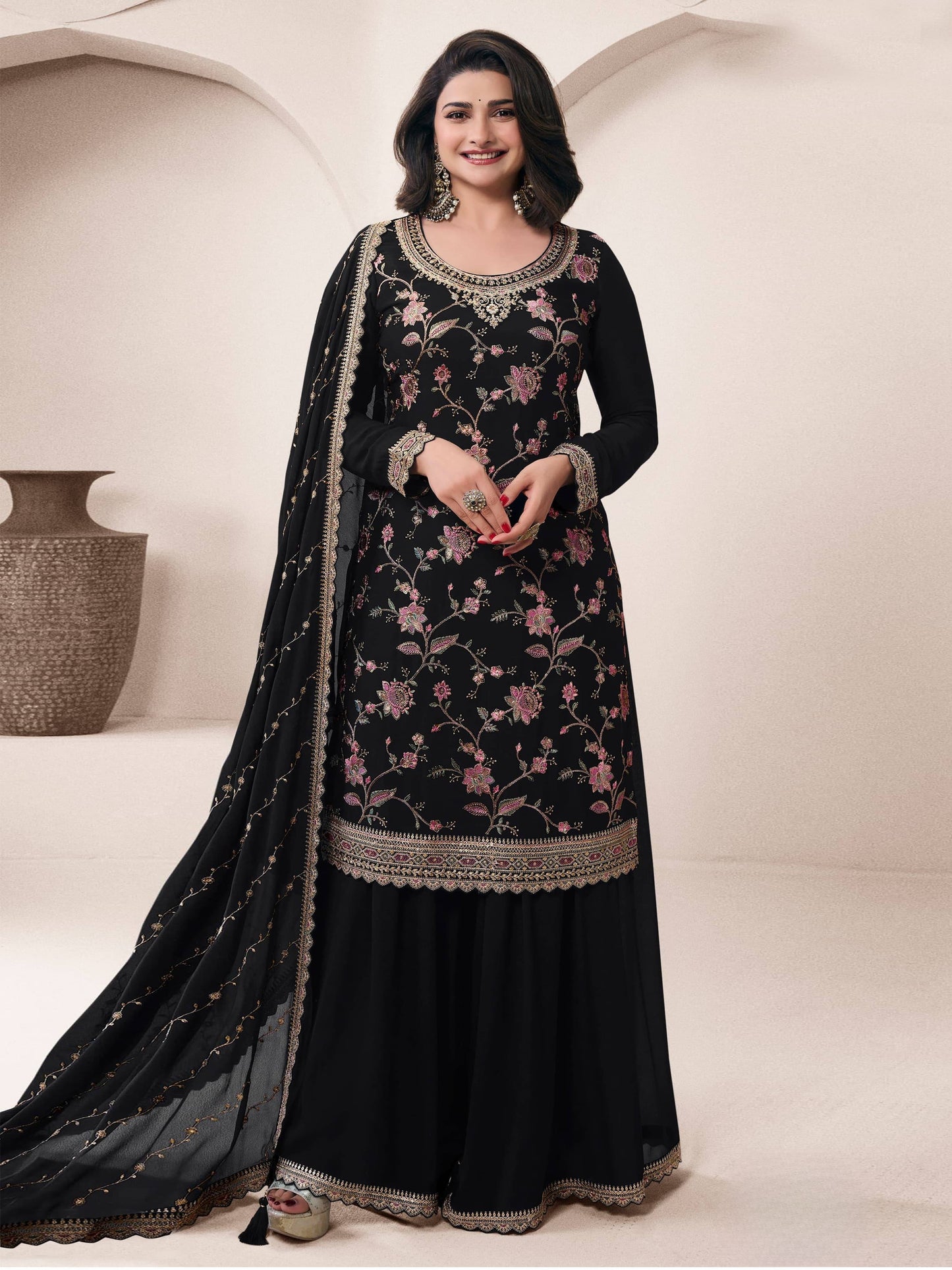 Heavy Chinon Suit With Sequence Embroidered Work