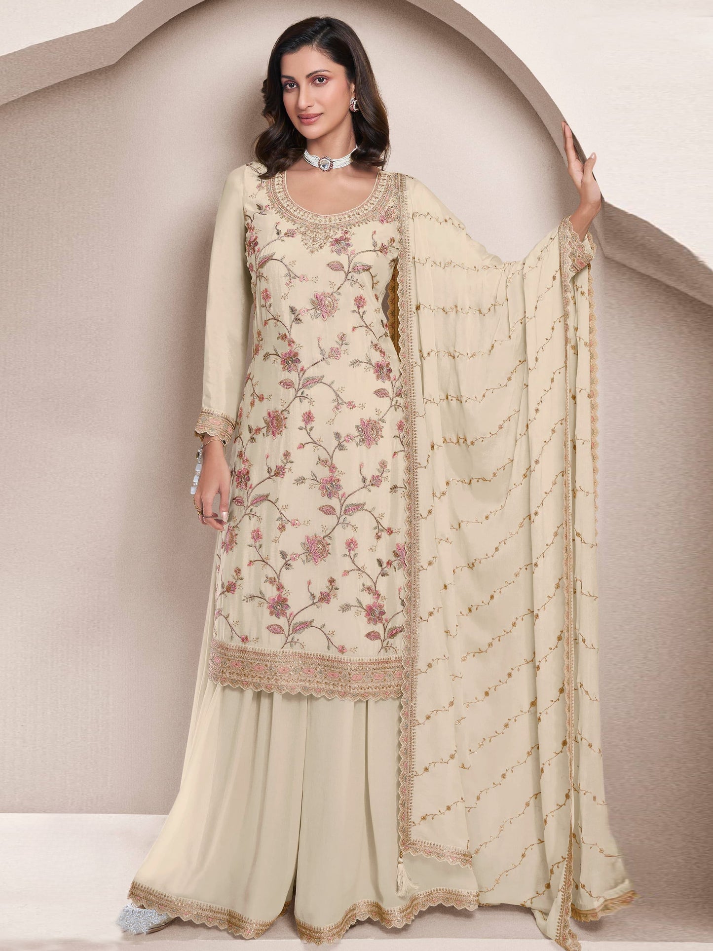 Heavy Chinon Suit With Sequence Embroidered Work