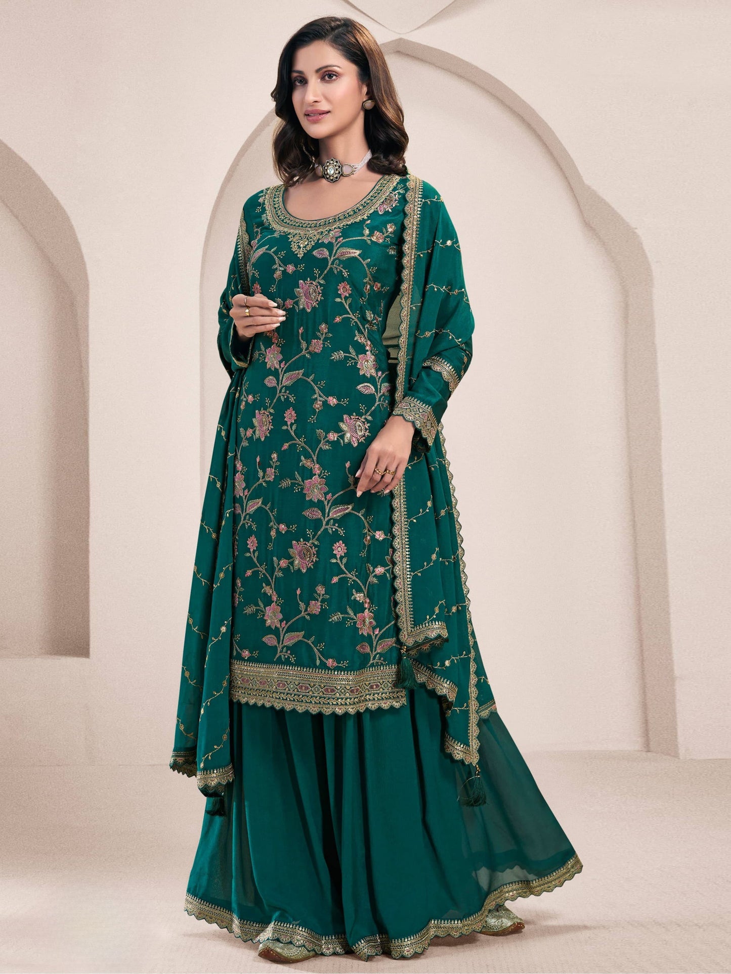 Heavy Chinon Suit With Sequence Embroidered Work