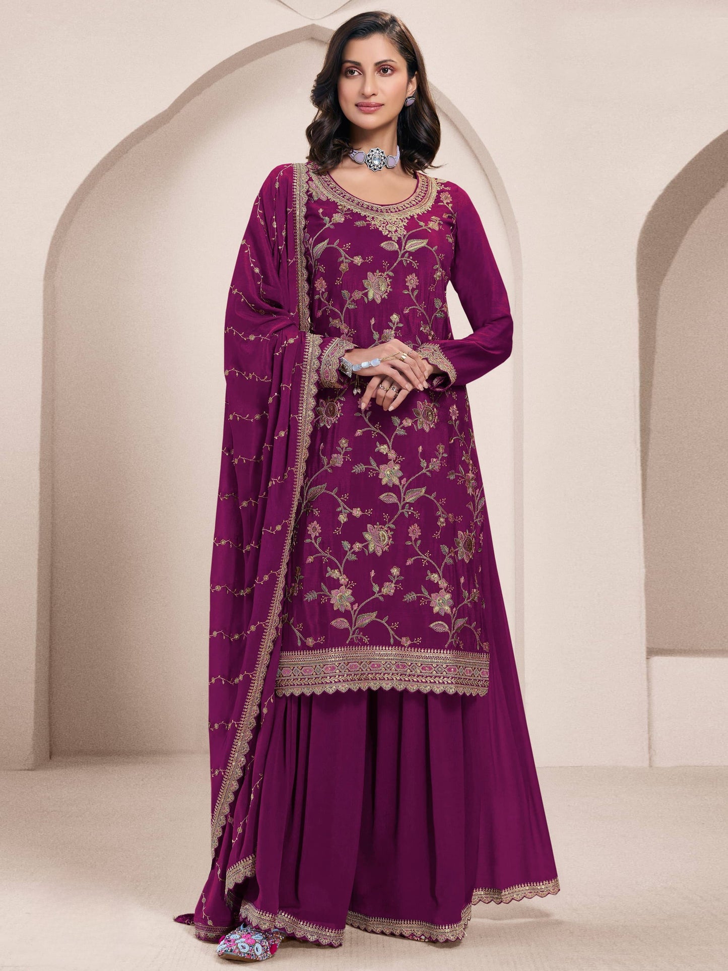 Heavy Chinon Suit With Sequence Embroidered Work