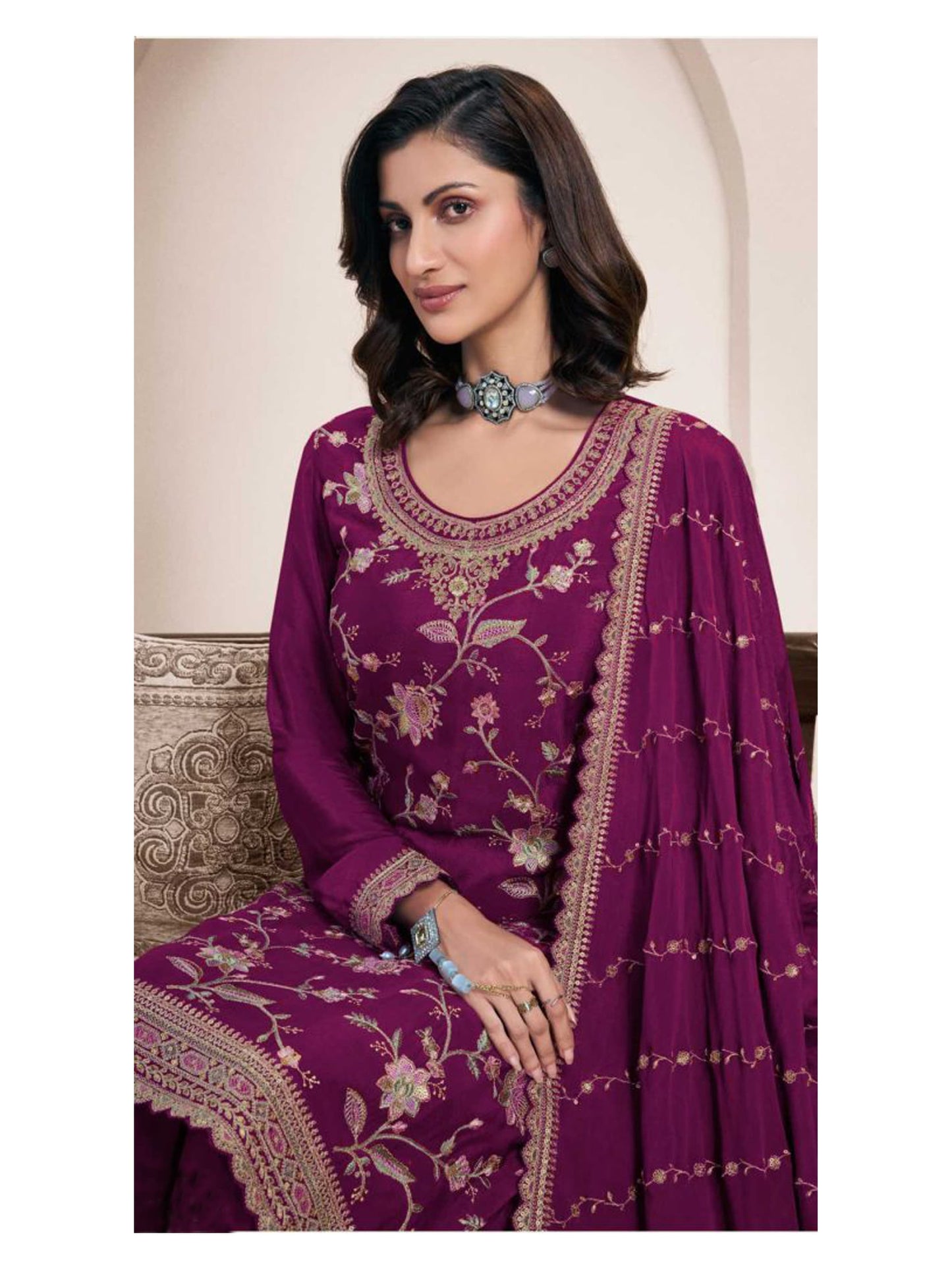 Heavy Chinon Suit With Sequence Embroidered Work