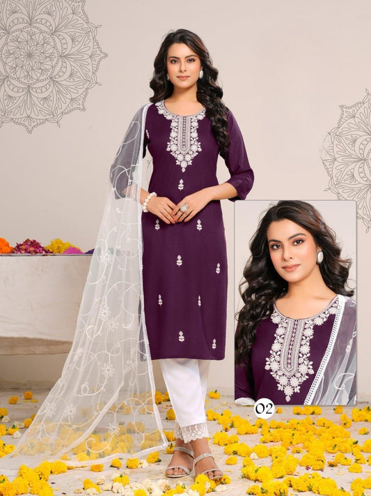 Embroidered Rayon Straight Kurti Pant Dupatta Set
