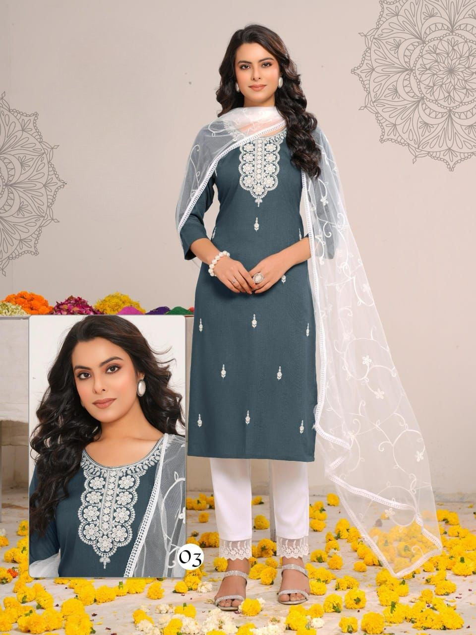 Embroidered Rayon Straight Kurti Pant Dupatta Set