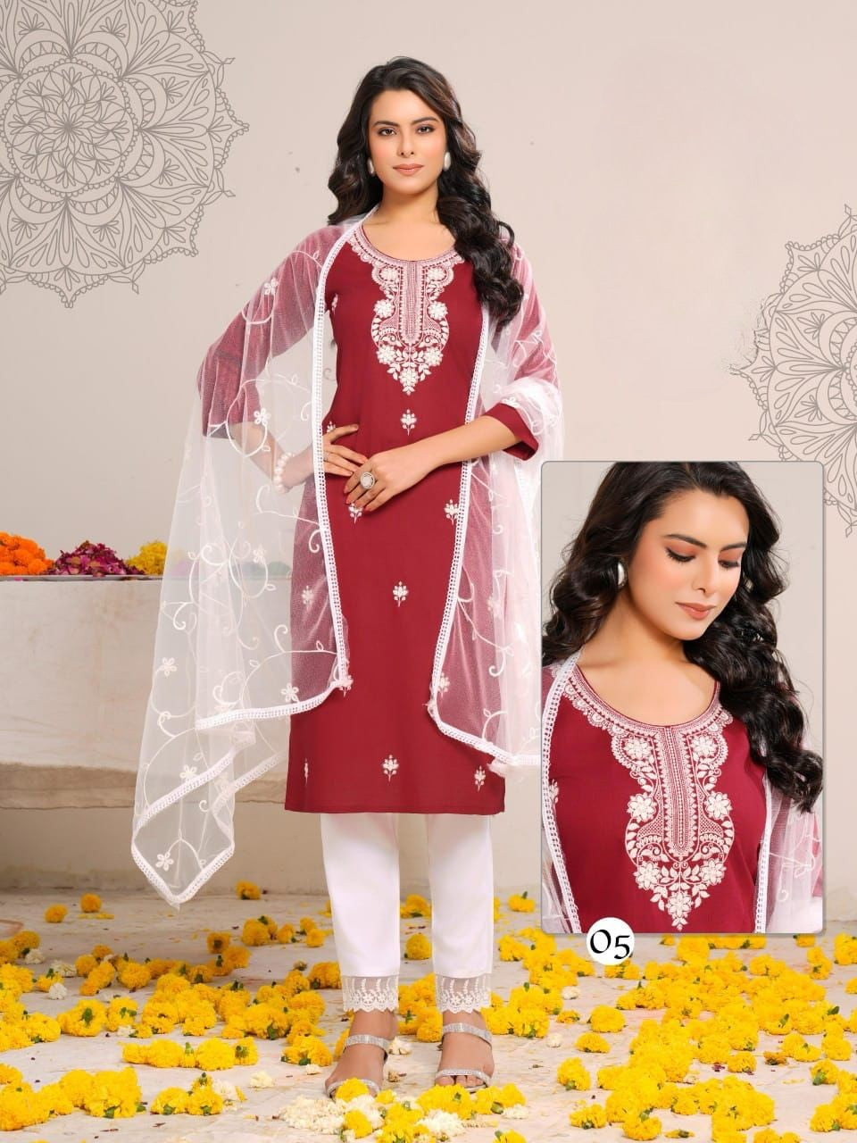 Embroidered Rayon Straight Kurti Pant Dupatta Set