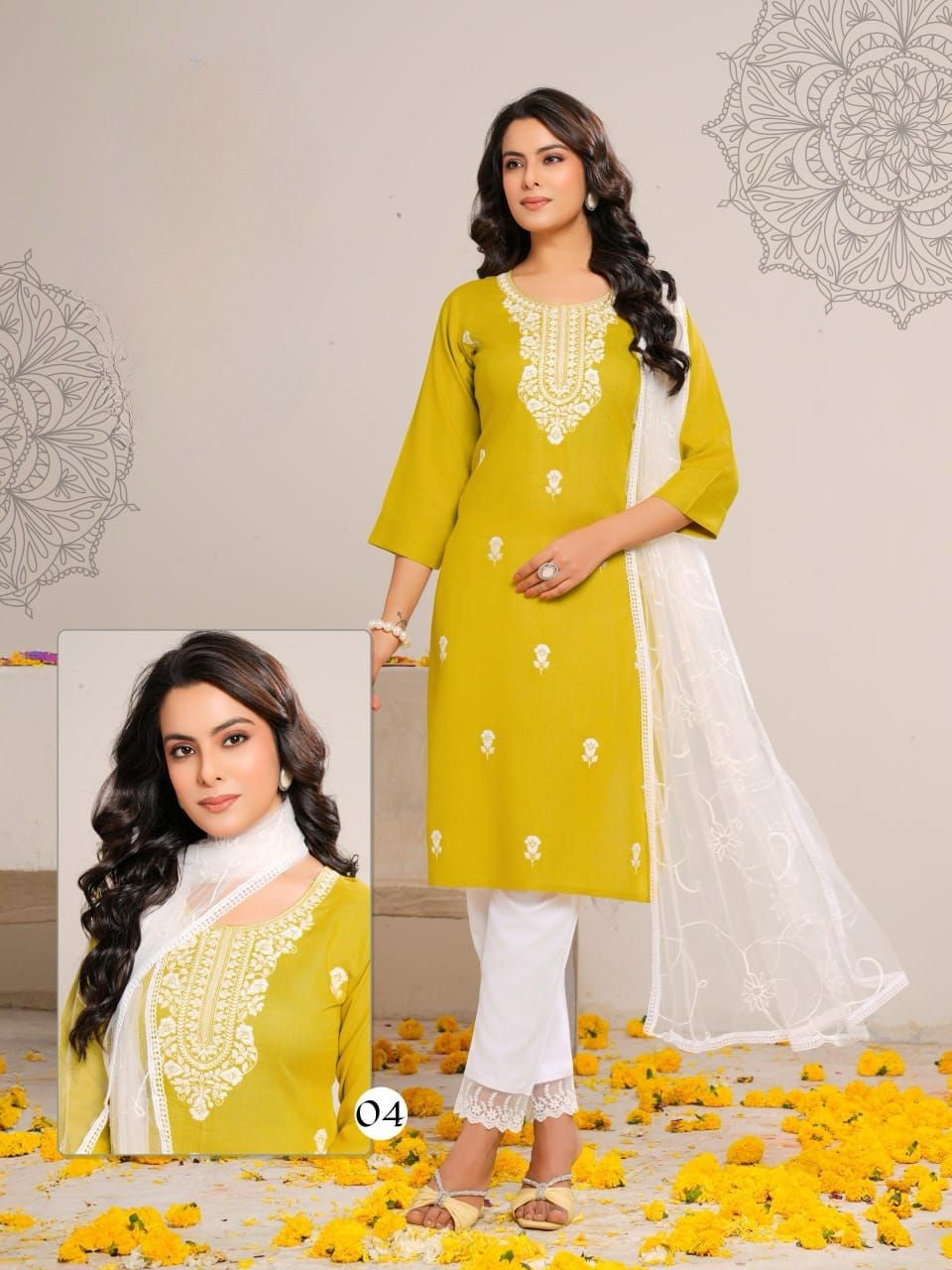 Embroidered Rayon Straight Kurti Pant Dupatta Set