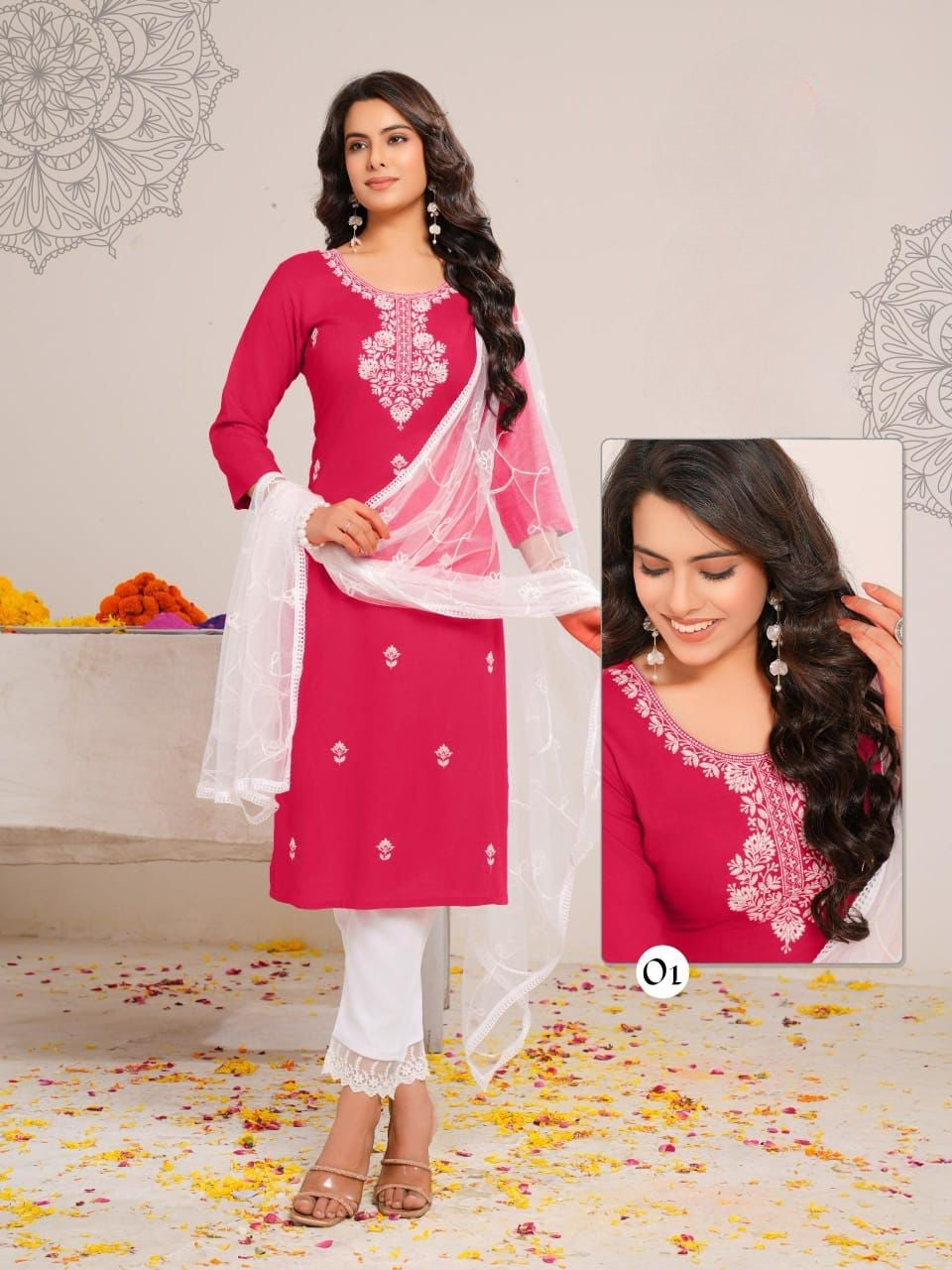 Embroidered Rayon Straight Kurti Pant Dupatta Set