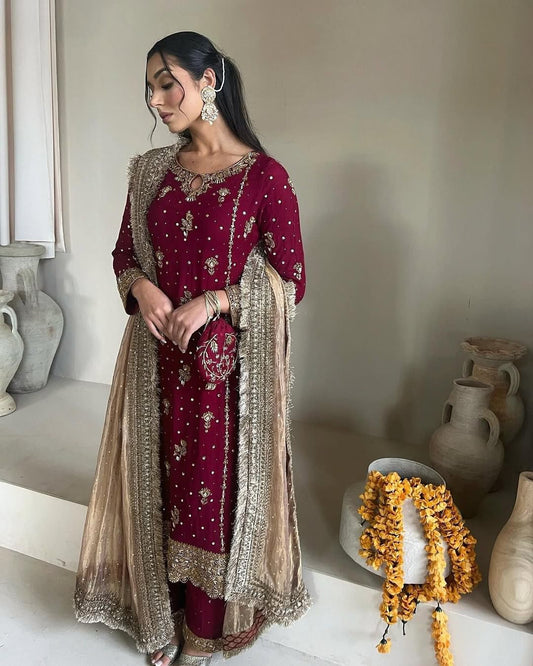 Heavy Faux Georgette Embroidered Sequins Palazzo Suit
