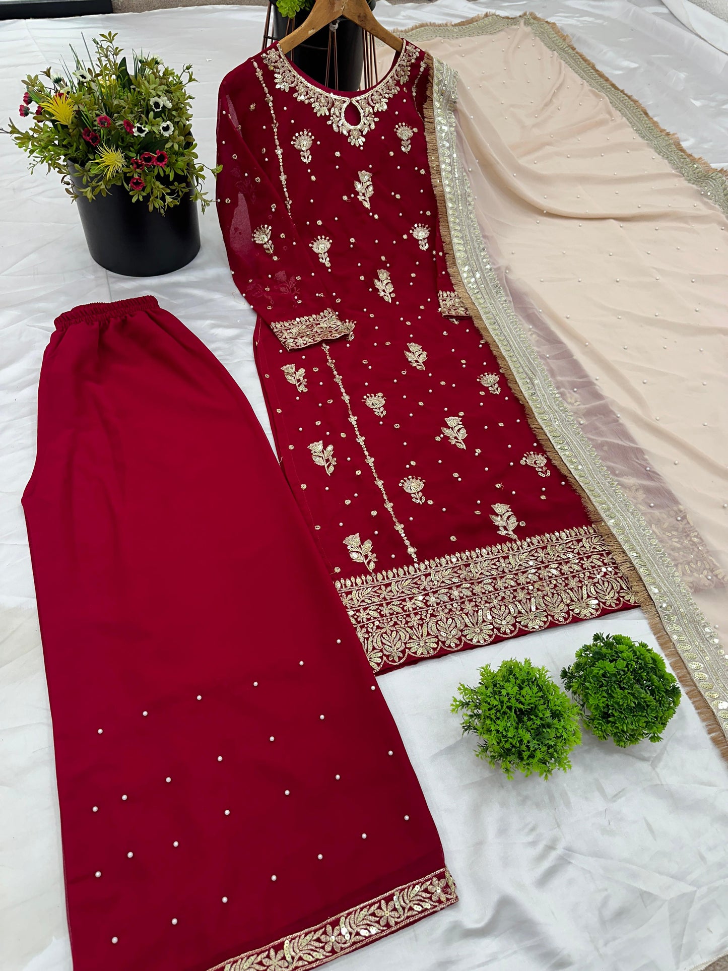 Heavy Faux Georgette Embroidered Sequins Palazzo Suit