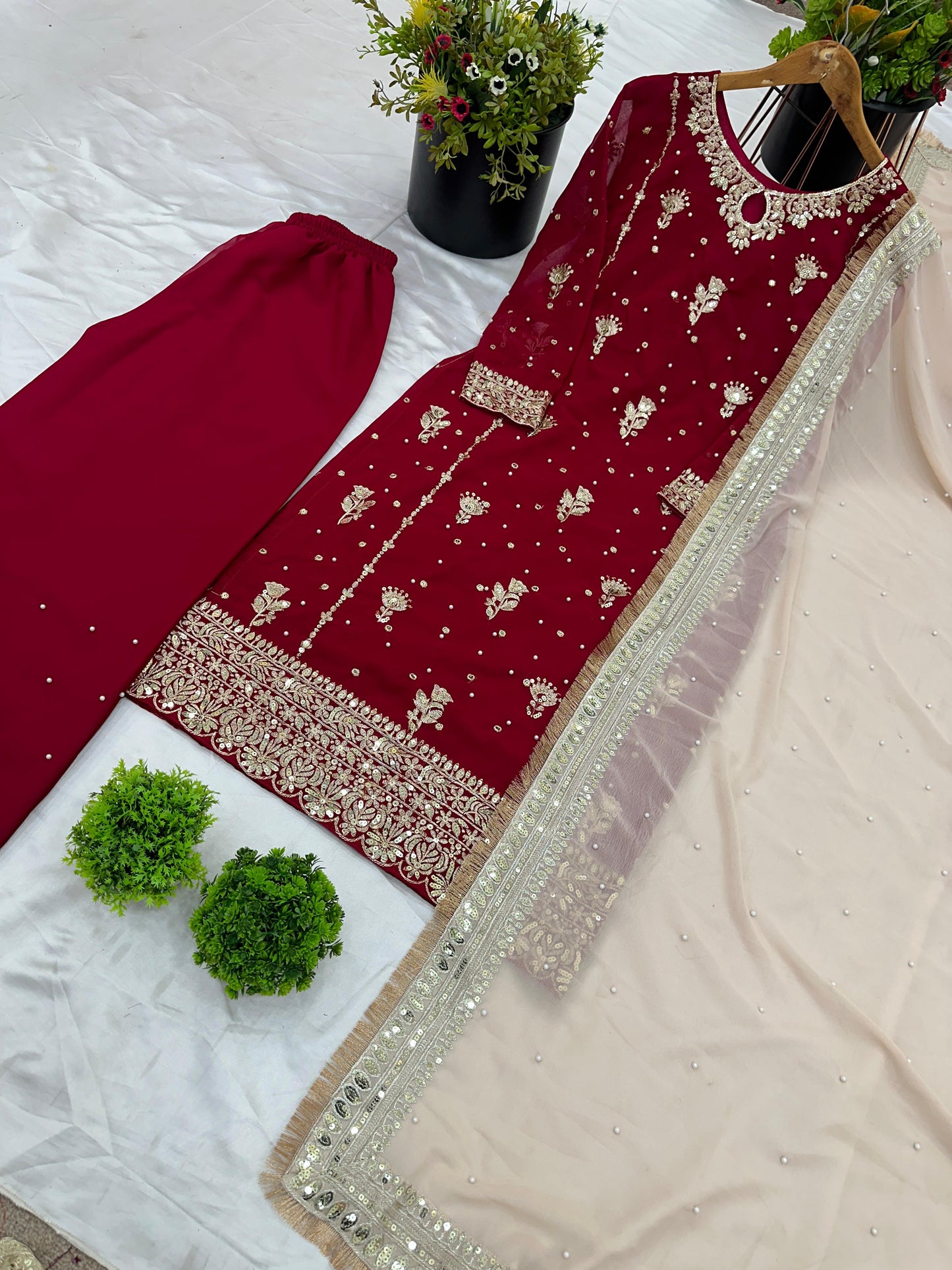 Heavy Faux Georgette Embroidered Sequins Palazzo Suit