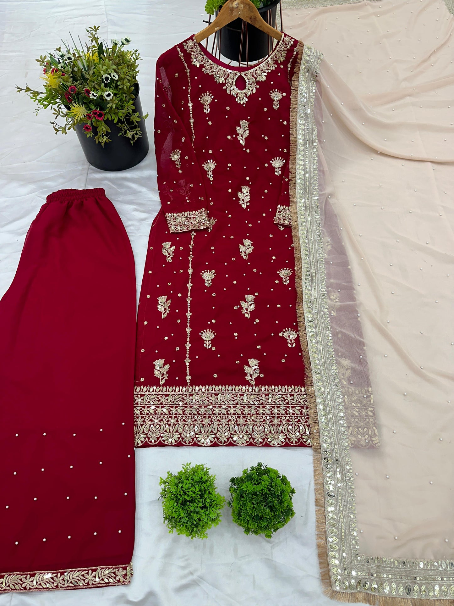 Heavy Faux Georgette Embroidered Sequins Palazzo Suit