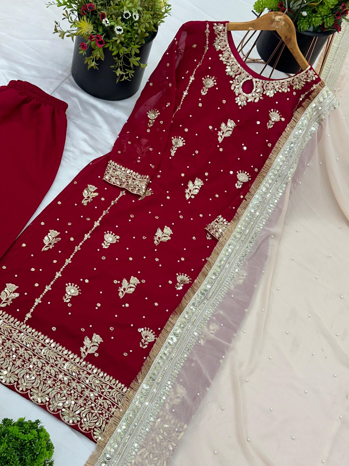 Heavy Faux Georgette Embroidered Sequins Palazzo Suit