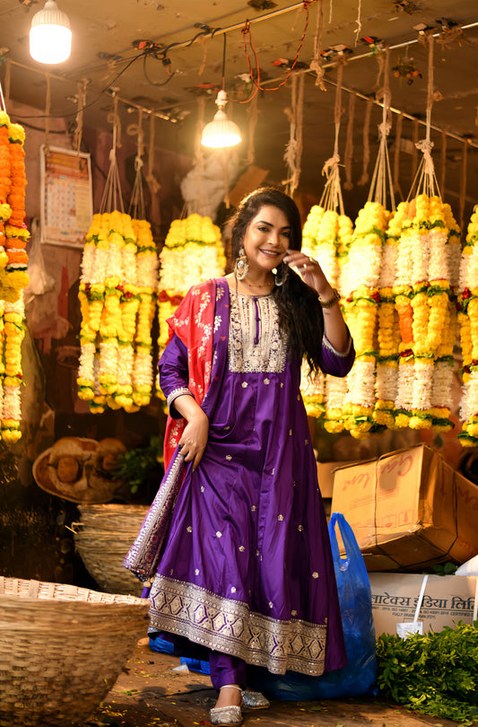 Anarkali Flared Kurti Pant Dupatta Set