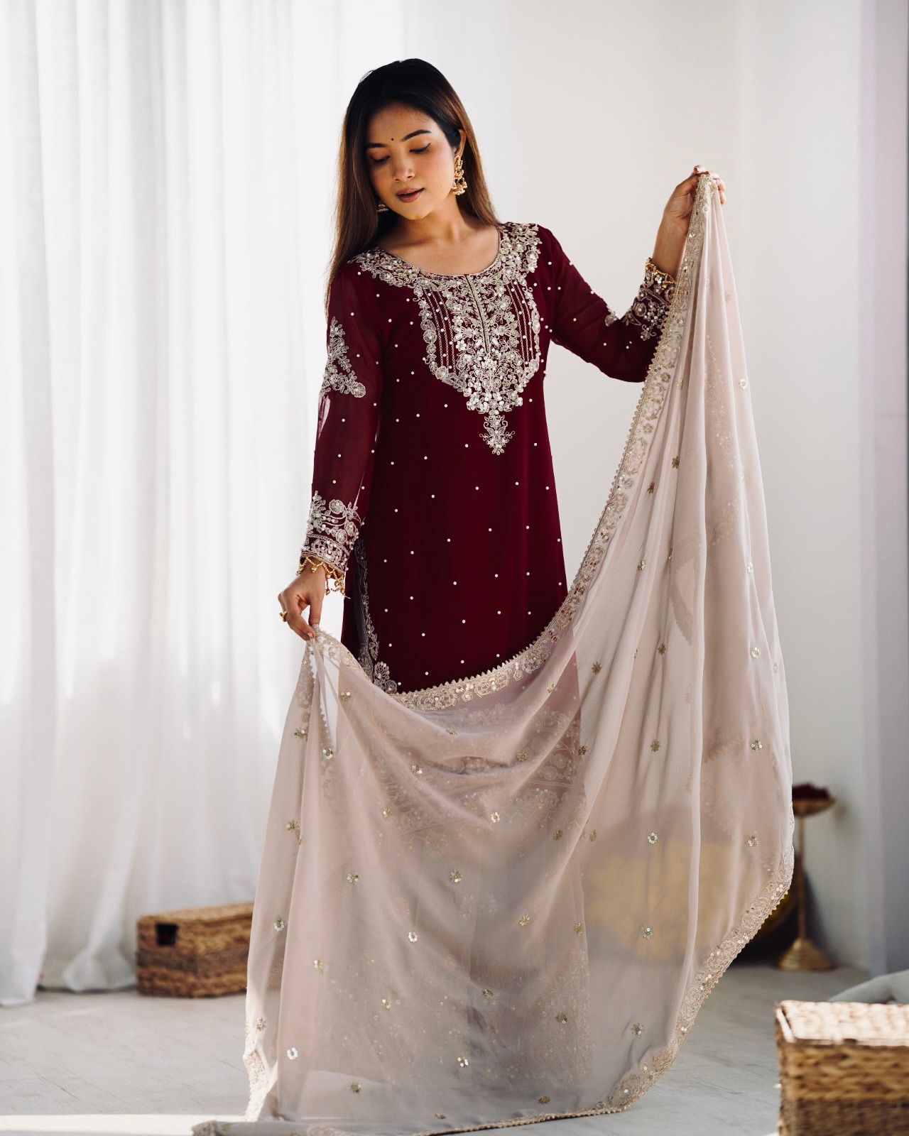 Elegant Heavy Faux Georgette Palazzo Set With Heavy Embroidery Sequence Work