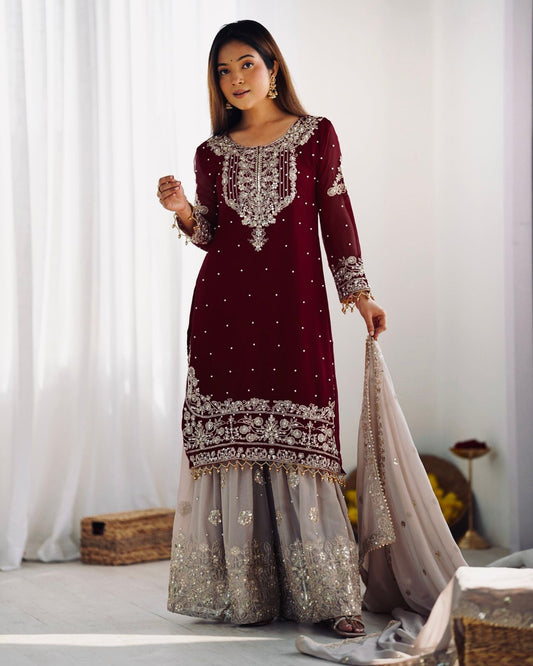 Elegant Heavy Faux Georgette Palazzo Set With Heavy Embroidery Sequence Work