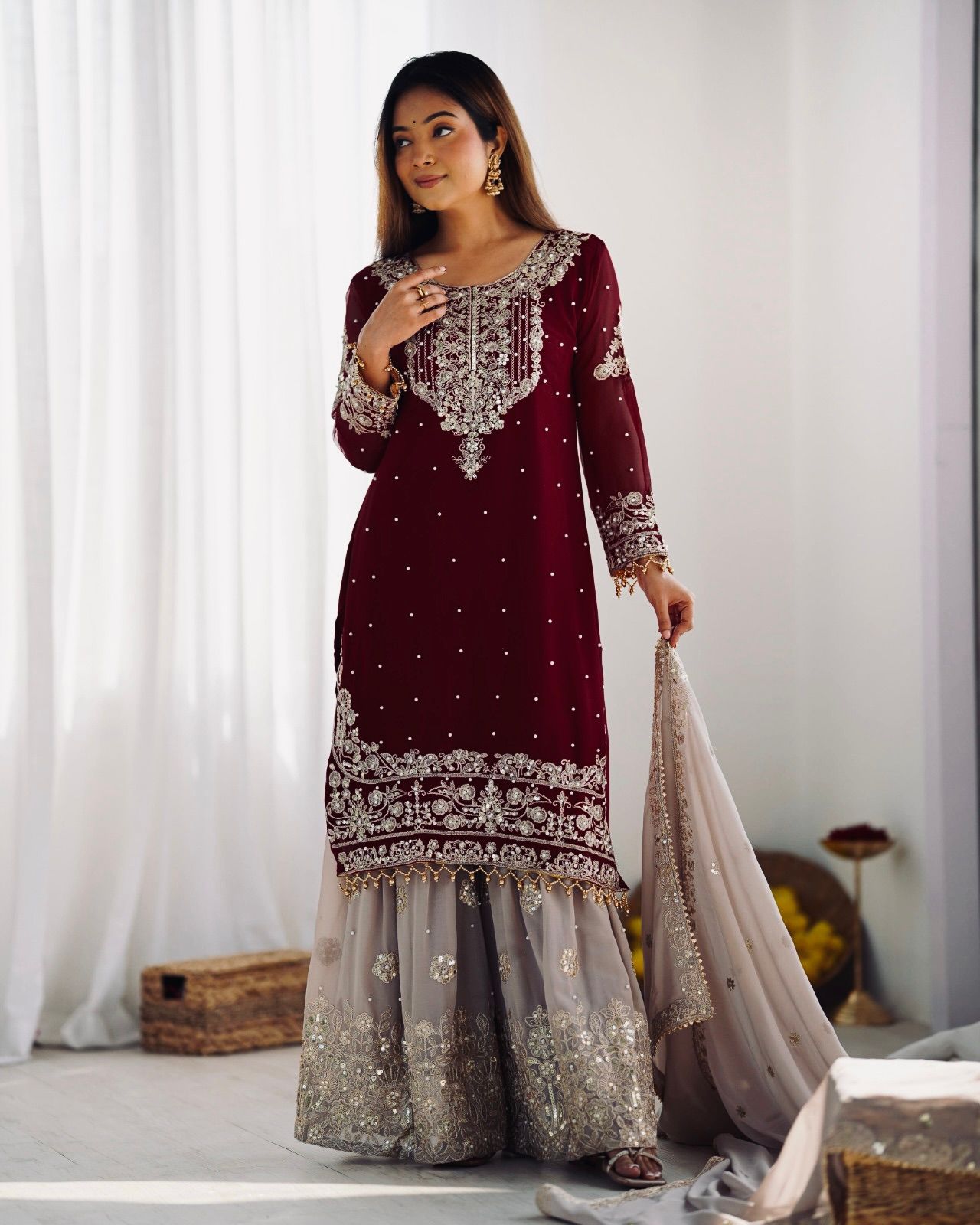 Elegant Heavy Faux Georgette Palazzo Set With Heavy Embroidery Sequence Work
