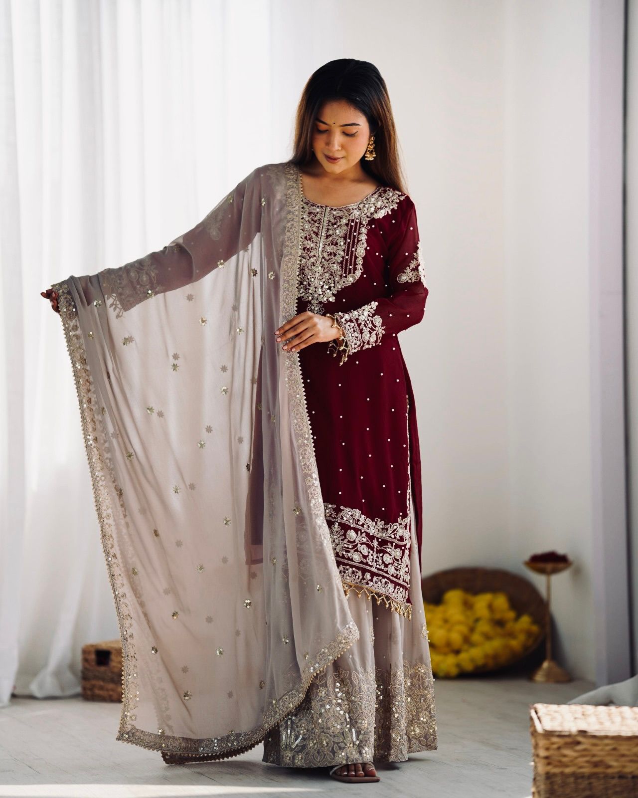 Elegant Heavy Faux Georgette Palazzo Set With Heavy Embroidery Sequence Work