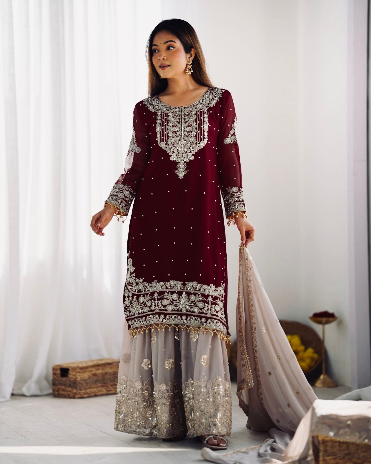 Elegant Heavy Faux Georgette Palazzo Set With Heavy Embroidery Sequence Work