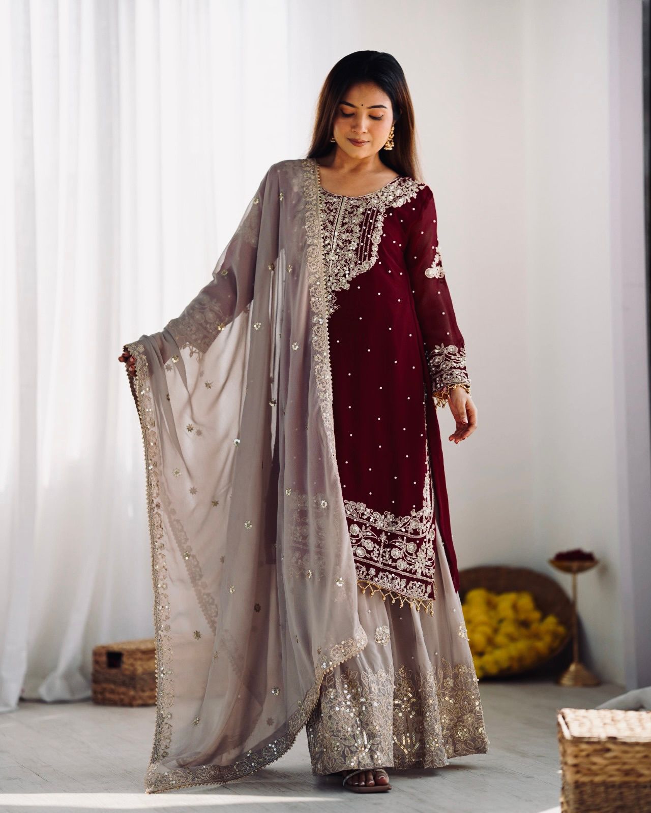 Elegant Heavy Faux Georgette Palazzo Set With Heavy Embroidery Sequence Work
