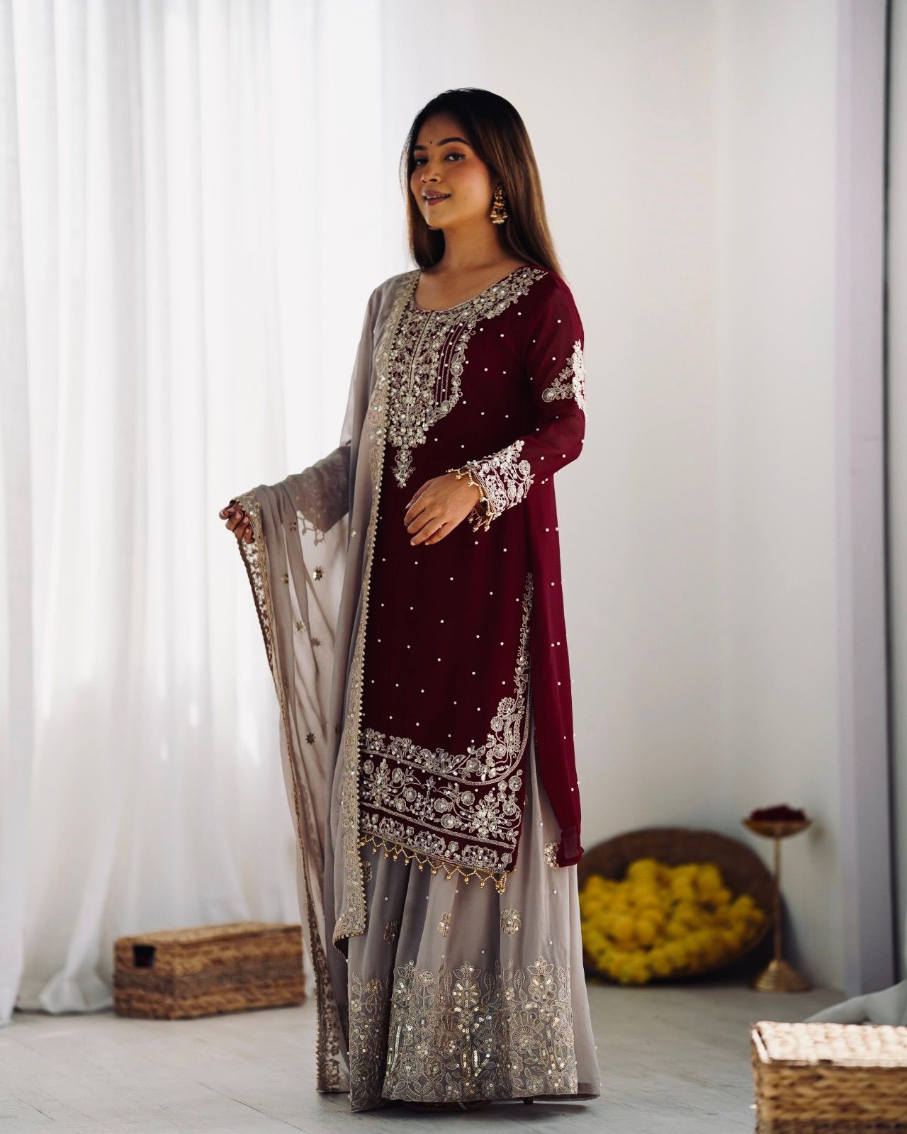 Elegant Heavy Faux Georgette Palazzo Set With Heavy Embroidery Sequence Work