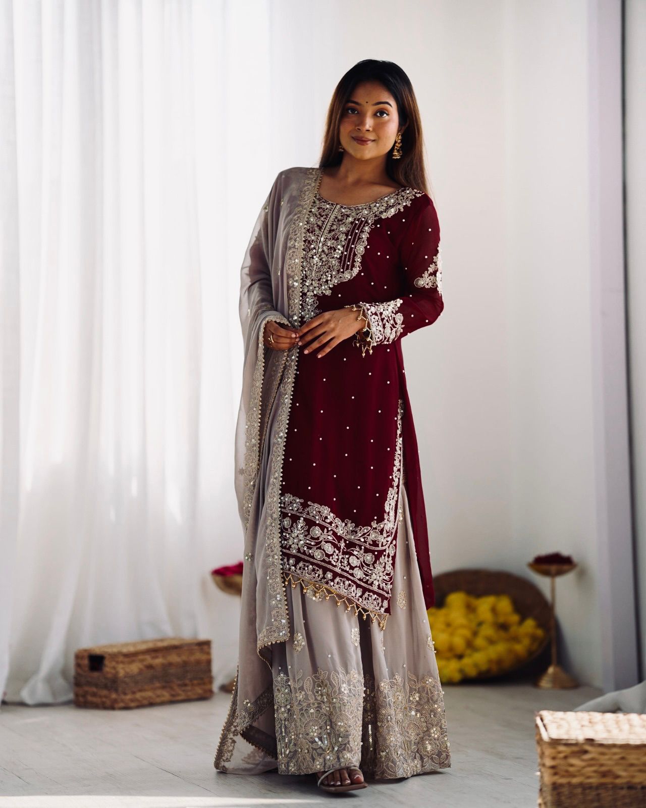 Elegant Heavy Faux Georgette Palazzo Set With Heavy Embroidery Sequence Work