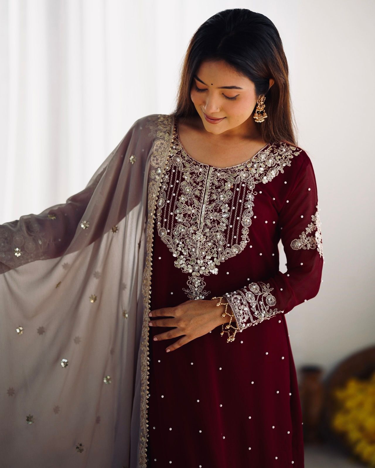 Elegant Heavy Faux Georgette Palazzo Set With Heavy Embroidery Sequence Work