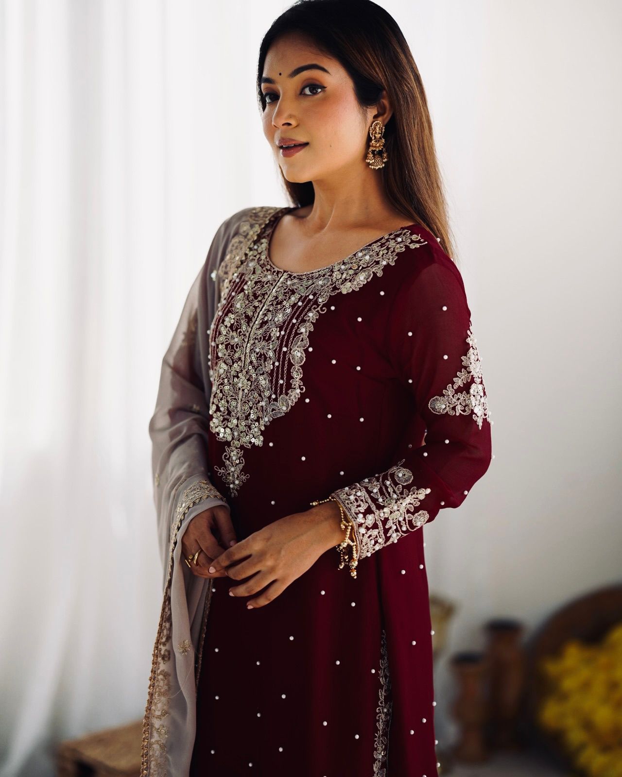 Elegant Heavy Faux Georgette Palazzo Set With Heavy Embroidery Sequence Work