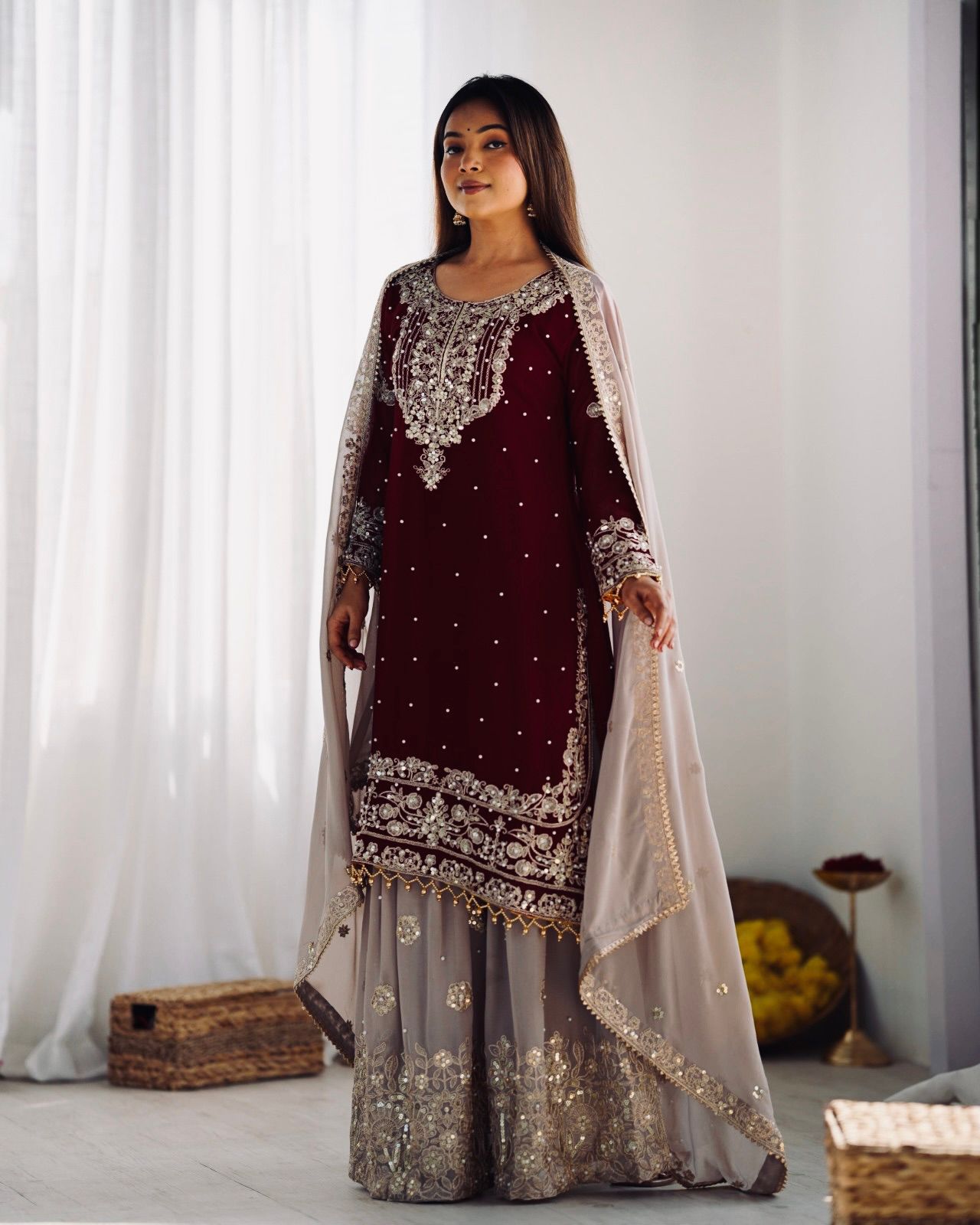 Elegant Heavy Faux Georgette Palazzo Set With Heavy Embroidery Sequence Work