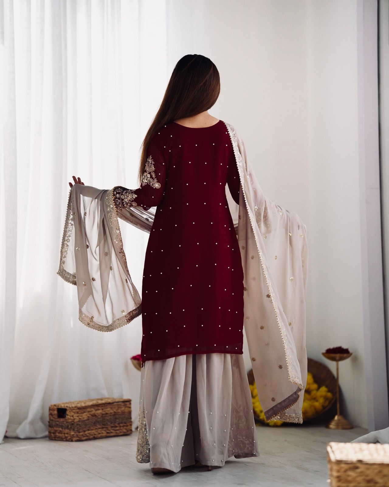 Elegant Heavy Faux Georgette Palazzo Set With Heavy Embroidery Sequence Work