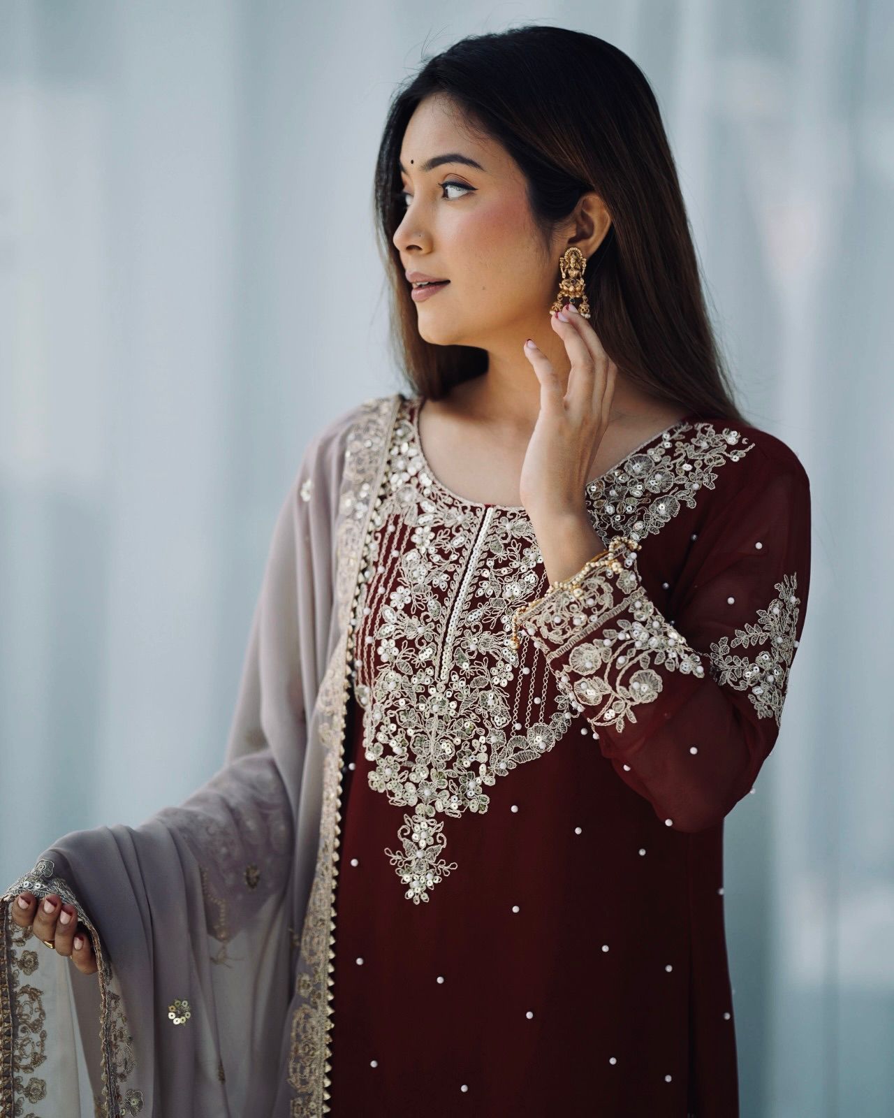 Elegant Heavy Faux Georgette Palazzo Set With Heavy Embroidery Sequence Work